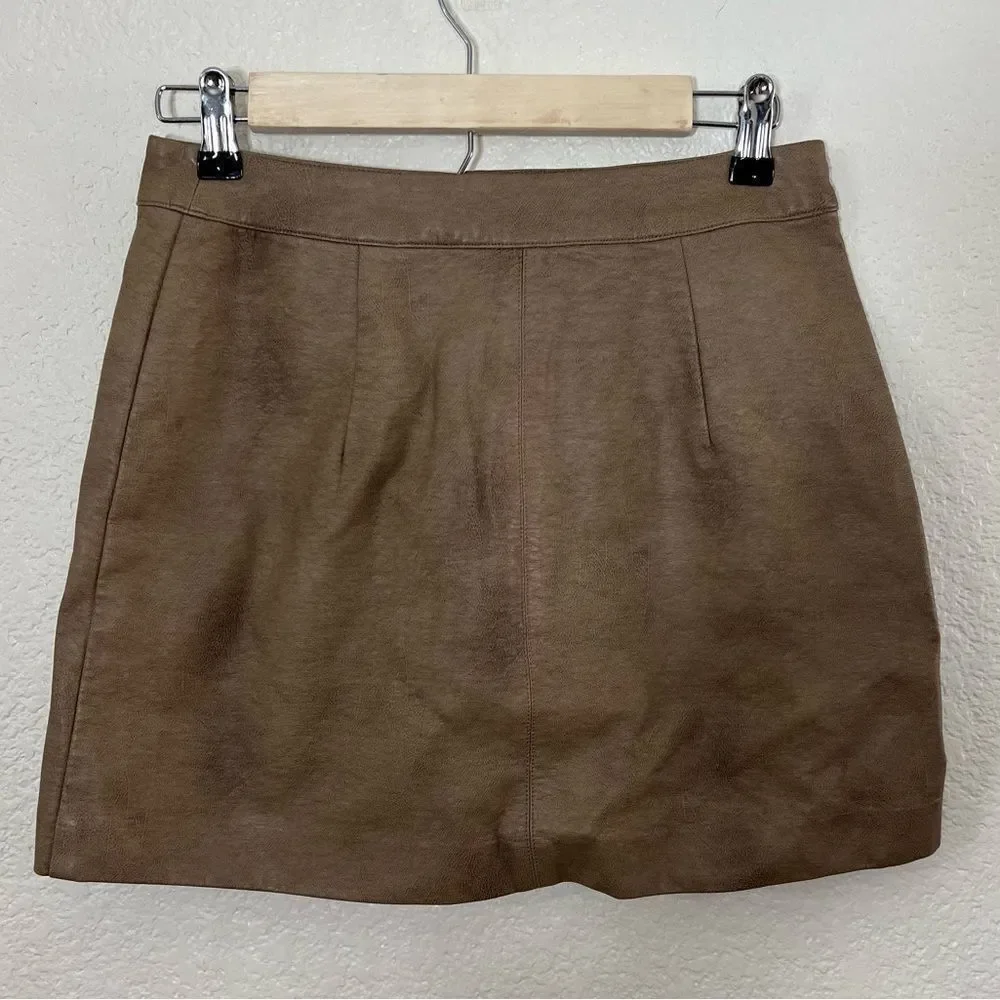 J.O.A Faux Leather Mini Skirt Khaki Tan Zipper Pockets Size S